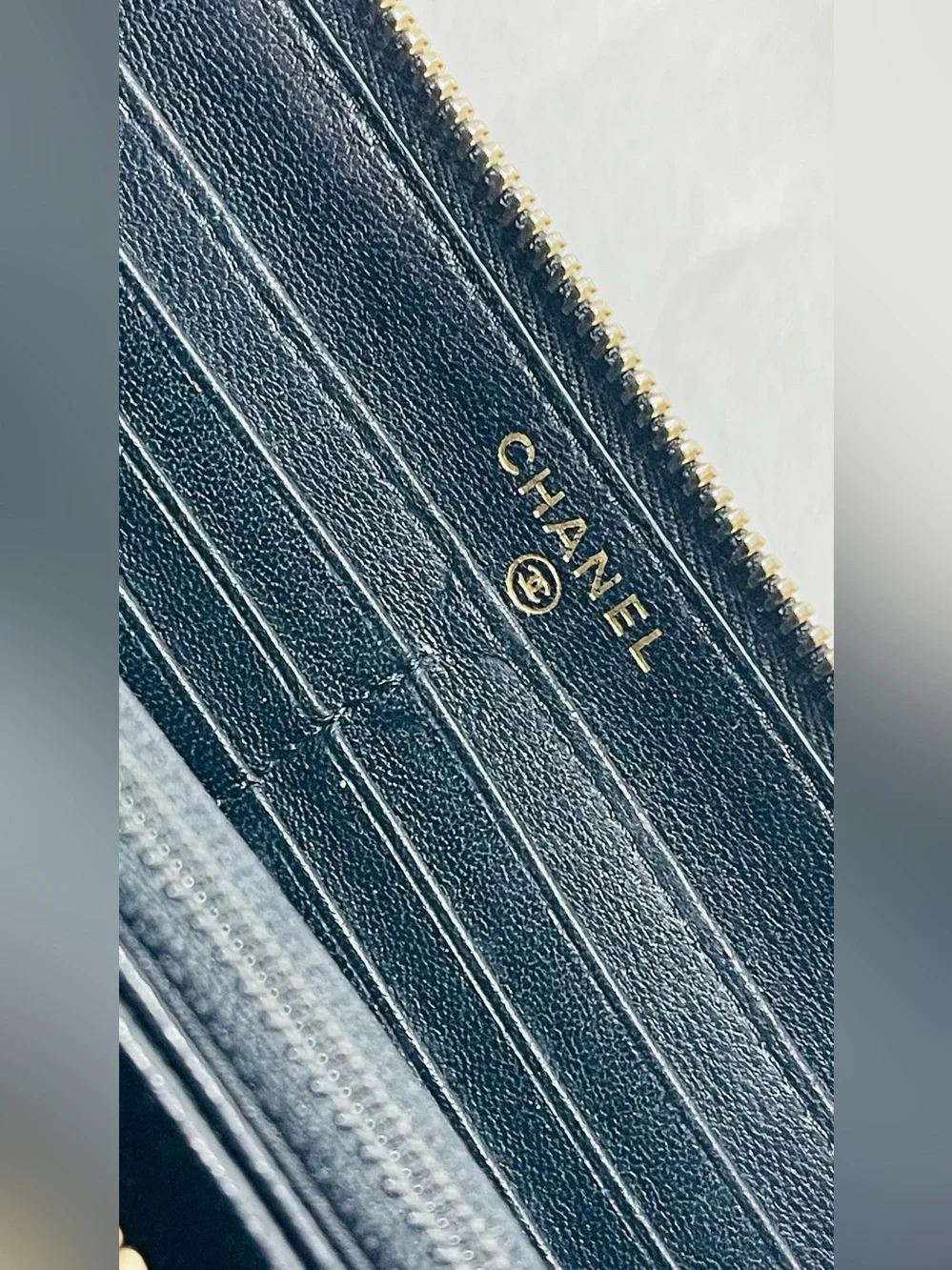 Chanel Authentic Quilted Black Leather Zip Wallet with Gold Chain Accent